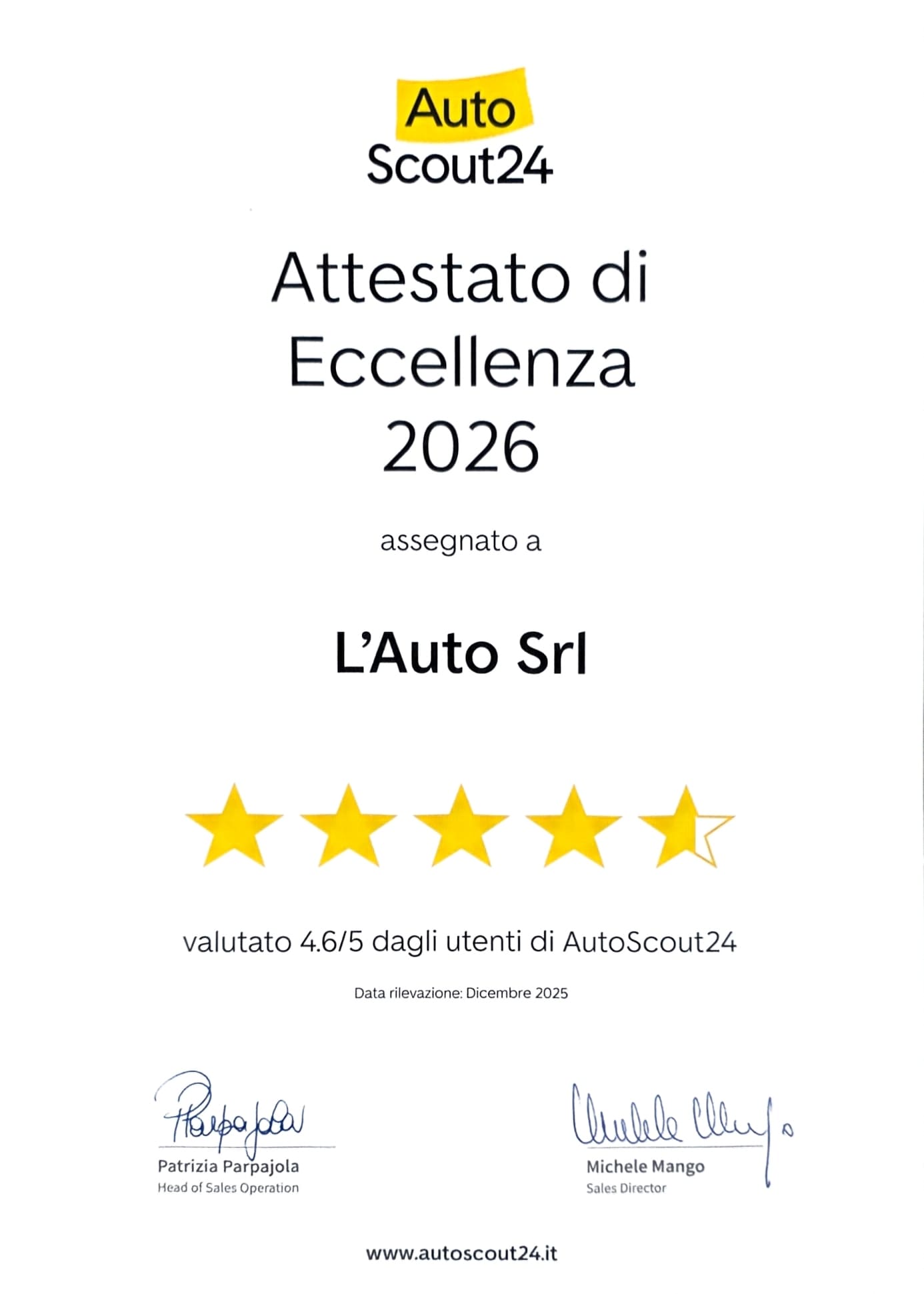 Certificato Autoscout24 L'Auto srl